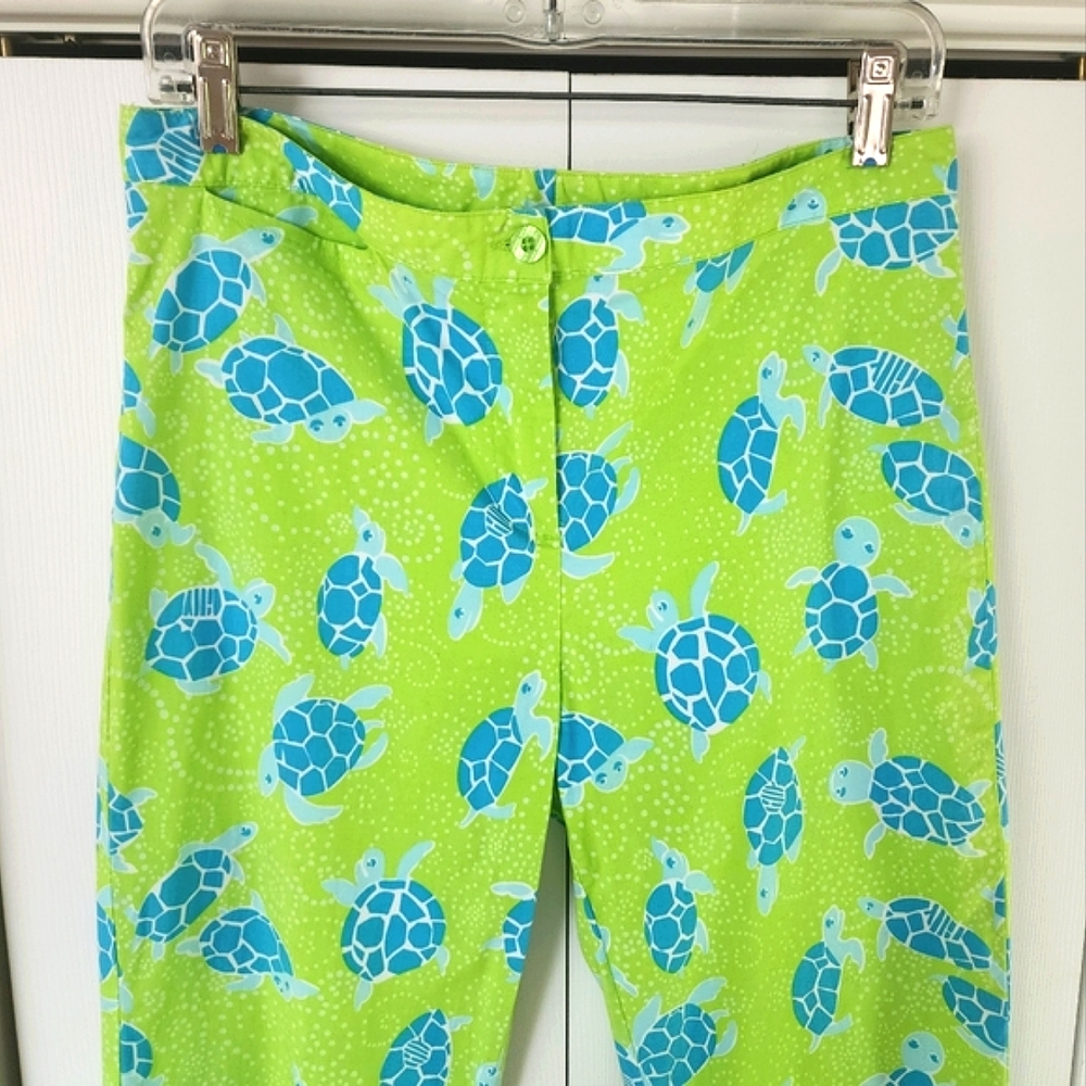 Lilly Pulitzer Turtle Print Capri Pants Bright Green & Blue Cotton Women's 10